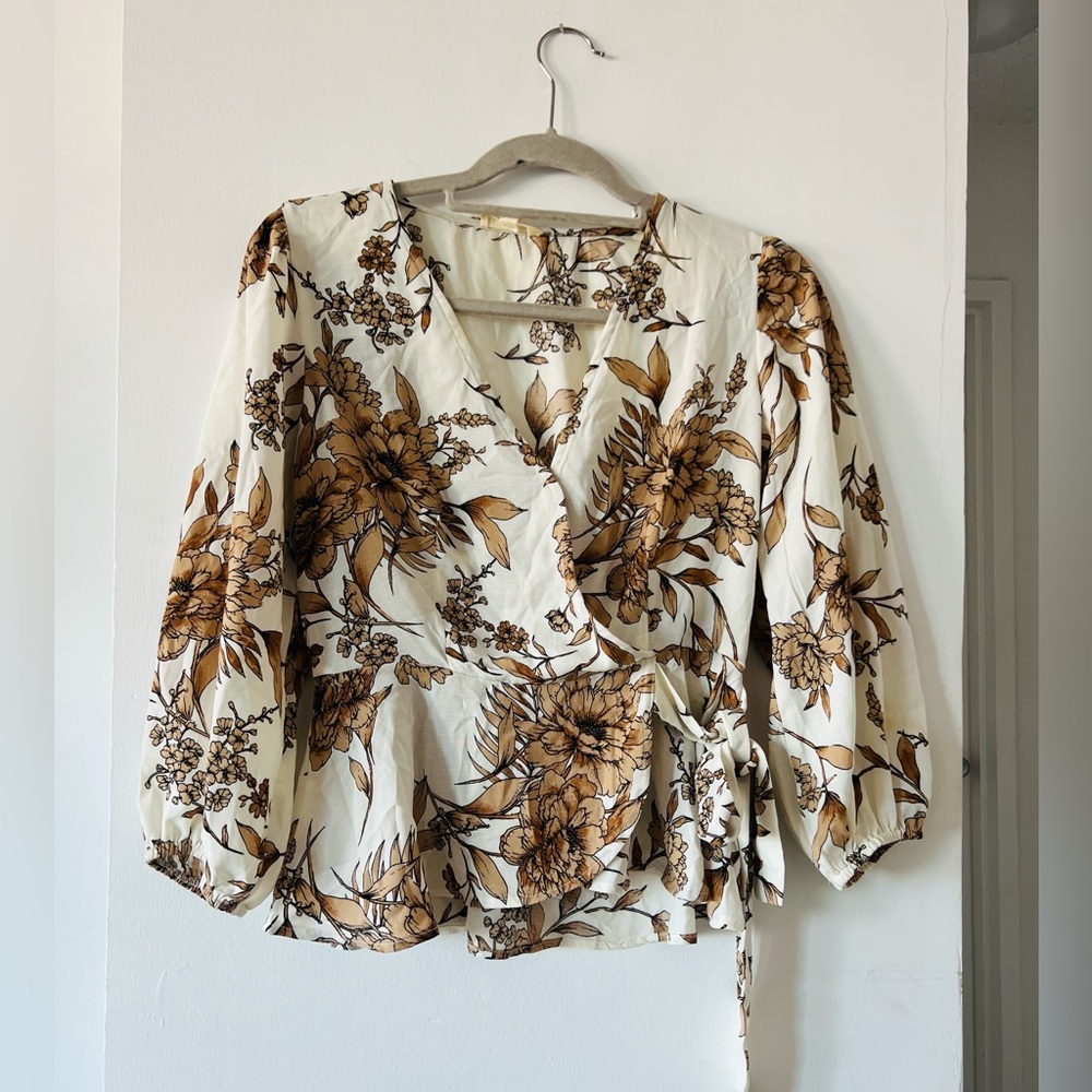 Floral Wrap Blouse with Brown and Cream Design